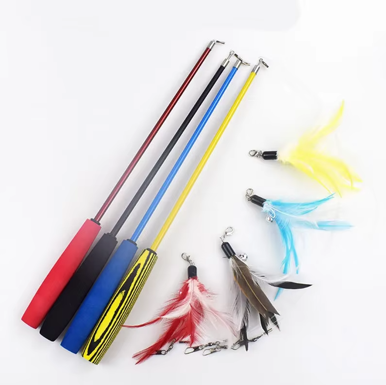 Feather fishing rod toy designed for interactive cat play and exercise.