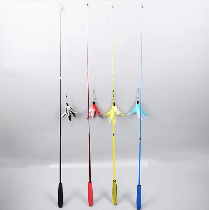 Interactive playtime: Cat fishing rod toy with a realistic feather attracts attention.