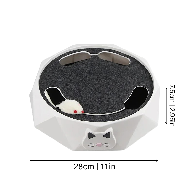 Electronic hunting cat toy featuring a realistic mouse, scratch pad, and comfy lounge