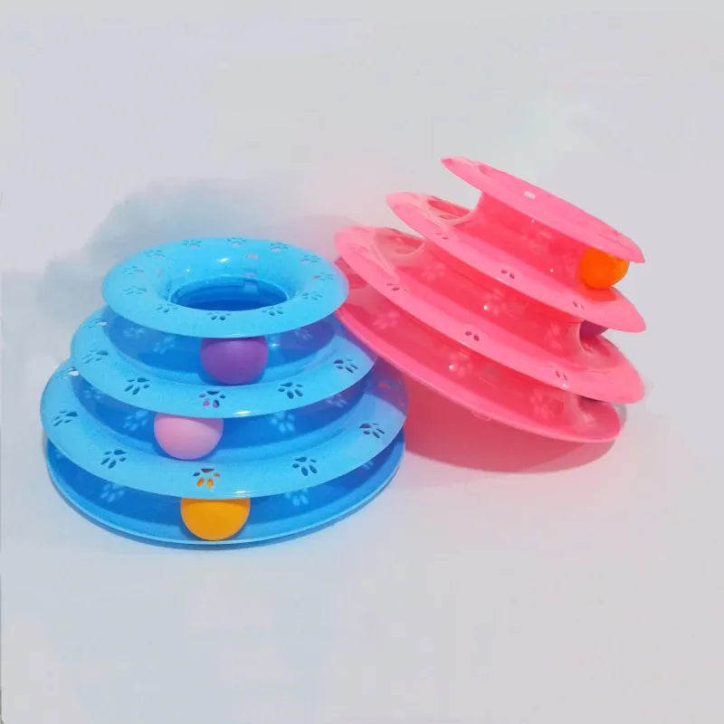 Interactive cat play pyramid with multi-level tracks & colorful rolling balls for active feline fun & pet enrichment.