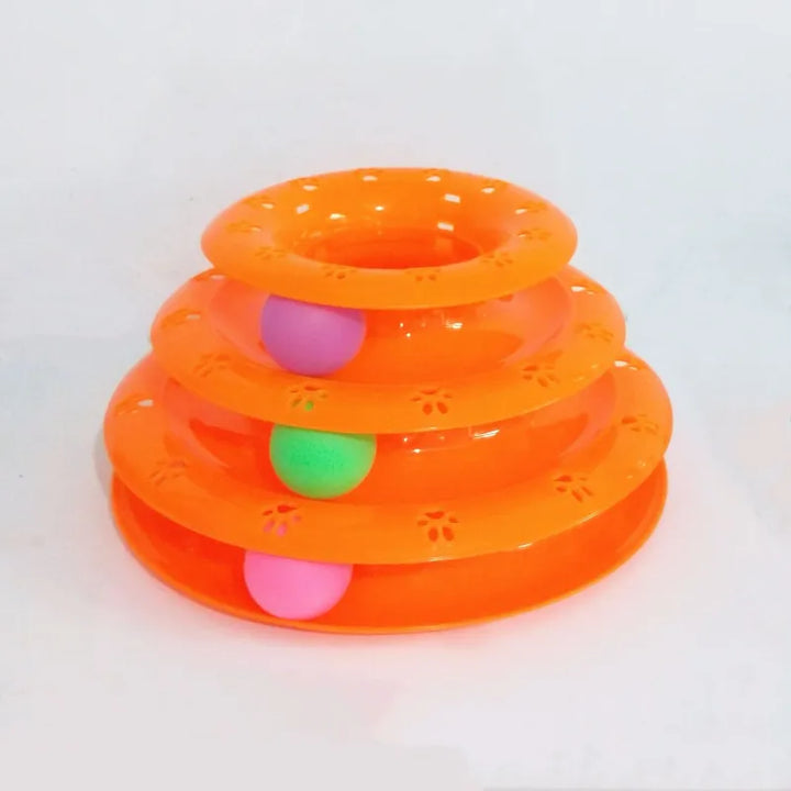 Multi-level interactive cat play pyramid with engaging rolling balls, a fun pet toy for feline exercise & enrichment.