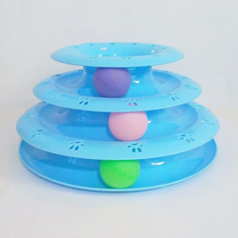 Interactive cat play pyramid with vibrant rolling balls, providing endless feline fun, exercise, and pet enrichment.