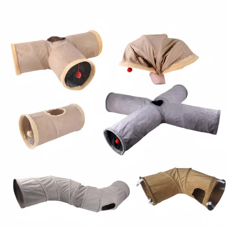 Portable cat tunnel toy featuring a viewing window, providing endless fun, a hideaway, and exercise for cats.