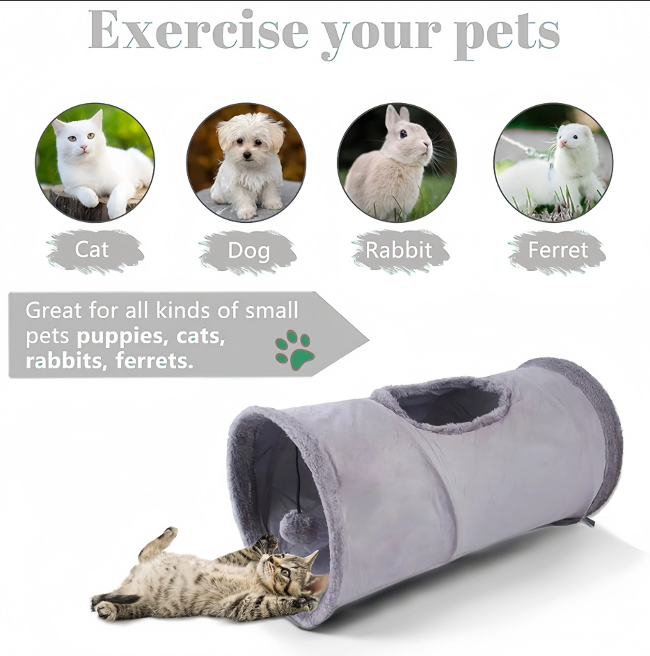 Durable cat play tunnel accessory designed for active pets, featuring a peek-through viewing window for playful engagement.