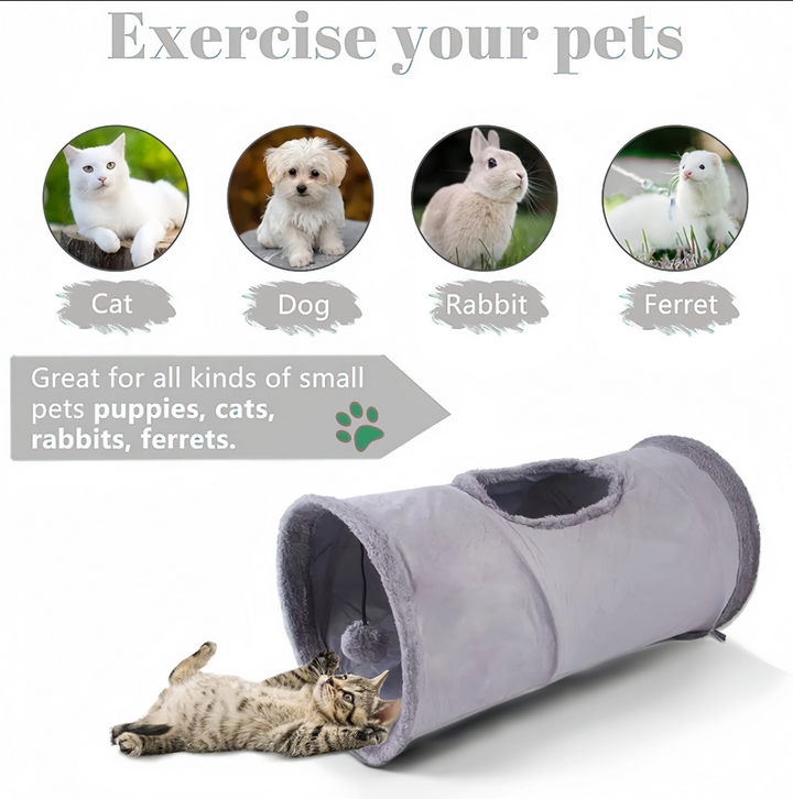 Durable cat play tunnel accessory designed for active pets, featuring a peek-through viewing window for playful engagement.