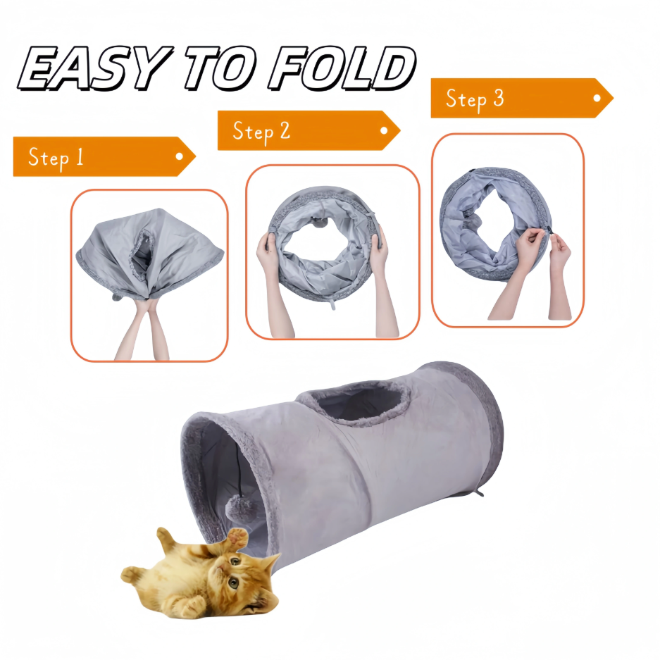 Engaging cat toy: a collapsible play tunnel with a viewing window, promoting interactive fun and exercise for all cats.