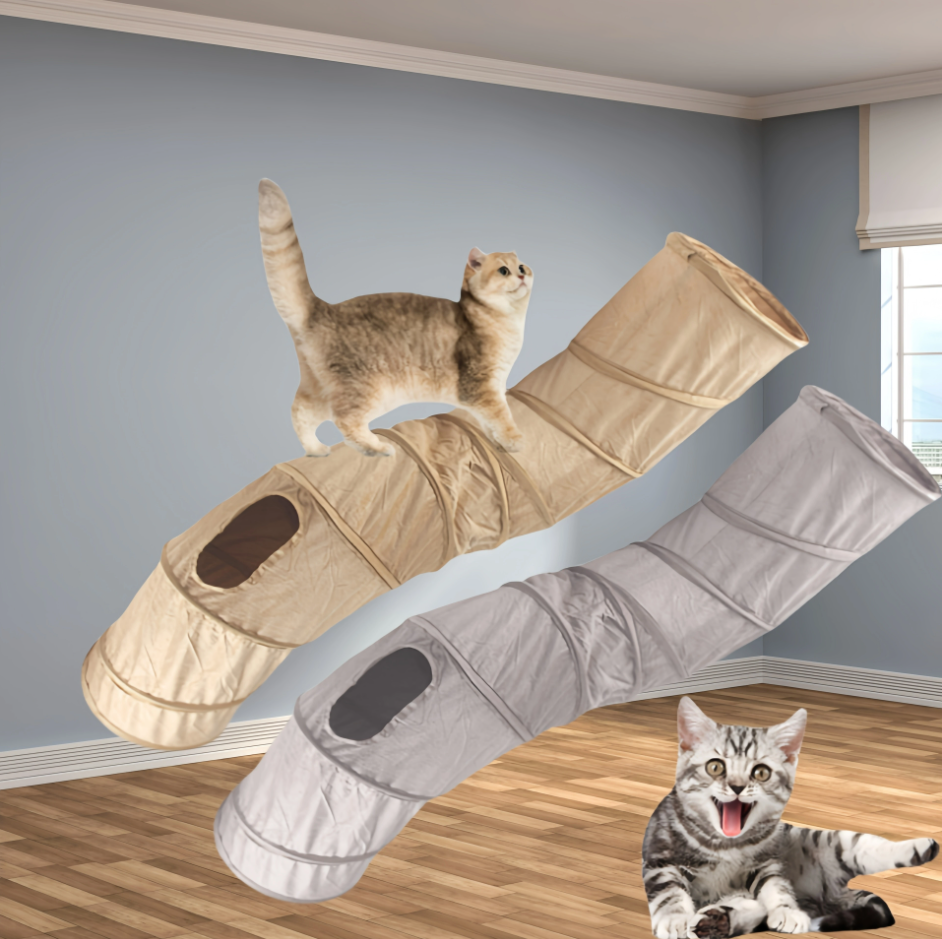 Stimulating cat play tunnel with a viewing window, providing a perfect hideaway and exercise for energetic felines.