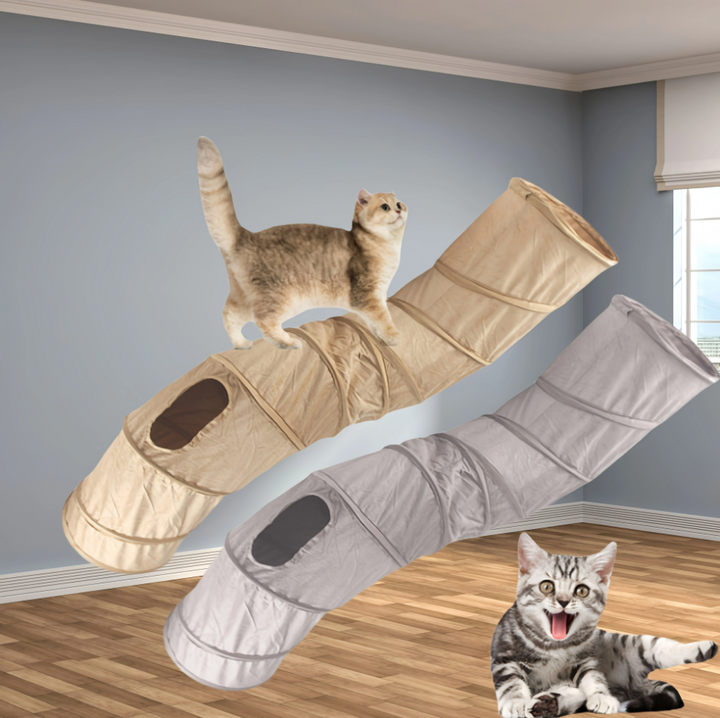 Stimulating cat play tunnel with a viewing window, providing a perfect hideaway and exercise for energetic felines.