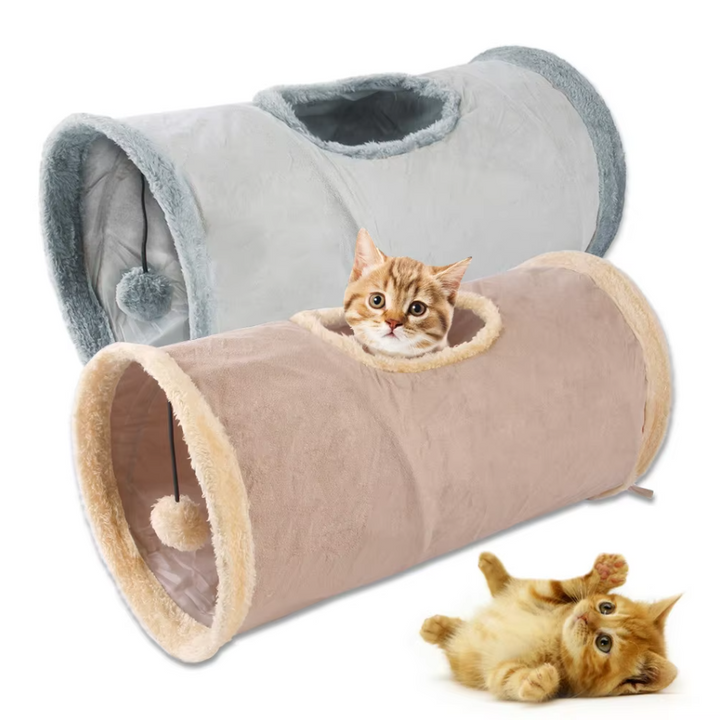Modern cat accessory: a play tunnel with a clear viewing window, designed for interactive fun, hide-and-seek, and pet exercise.