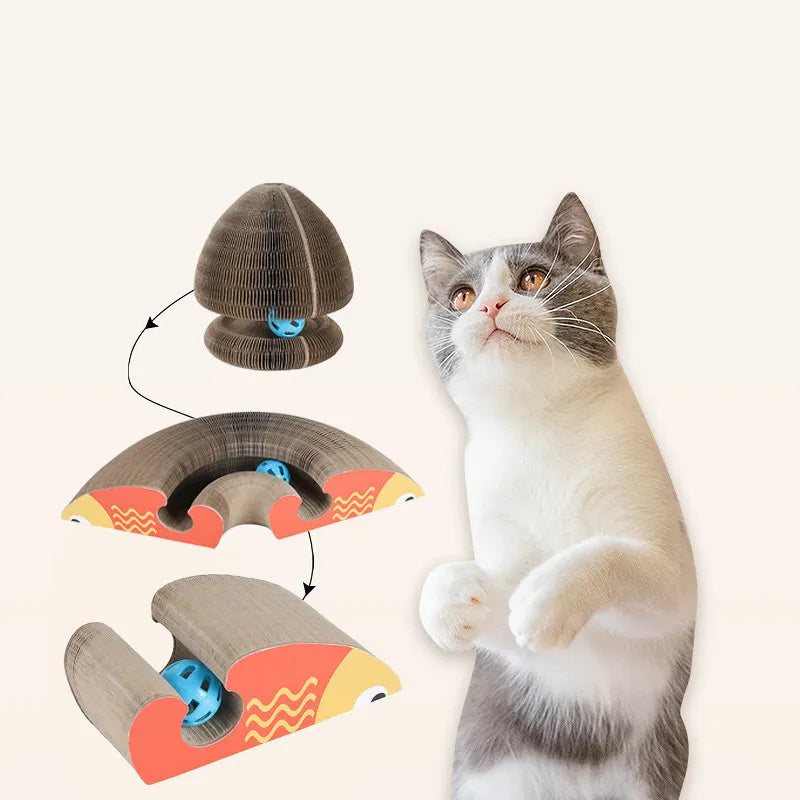 Interactive cat scratcher tower with dangling ball toy for feline fun & entertainment.