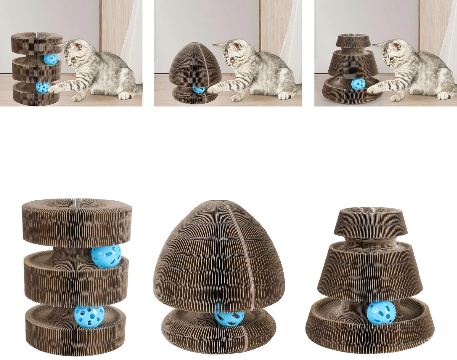 Engaging pet supplies: Interactive cat scratcher tower with a captivating ball for feline activity.