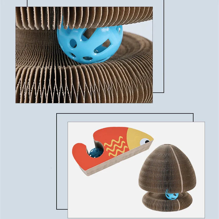 Modern interactive cat scratcher tower with a jingle ball, promoting healthy scratching habits.