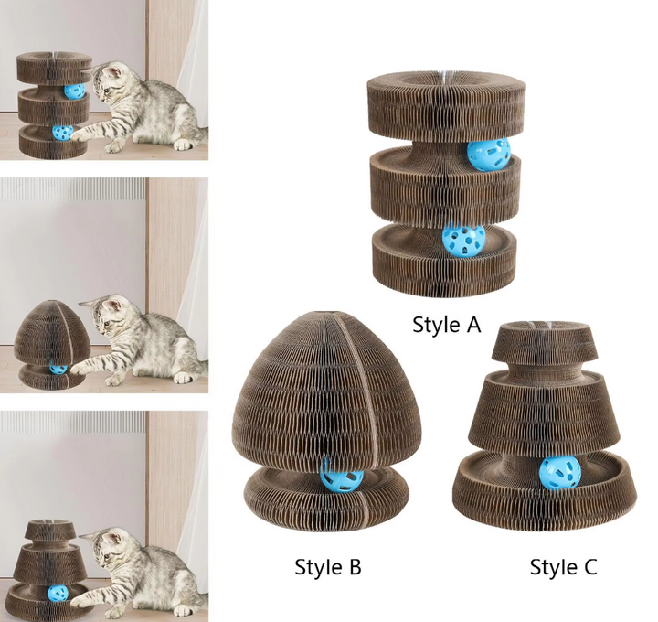 Multi-level cardboard cat scratcher tower, an interactive cat toy for playful cats.