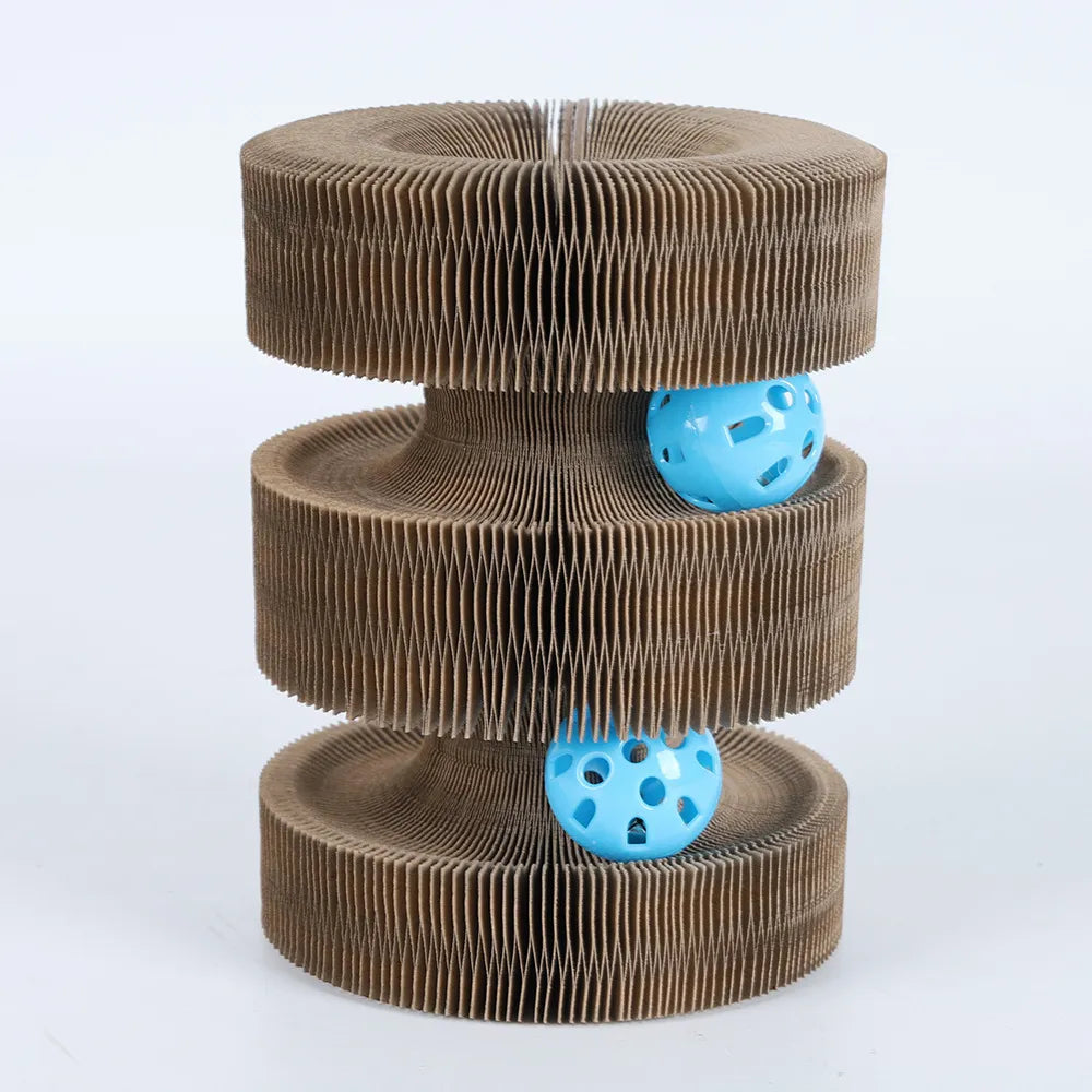 Scratching post alternative: Cardboard cat scratcher tower with a built-in ball toy.