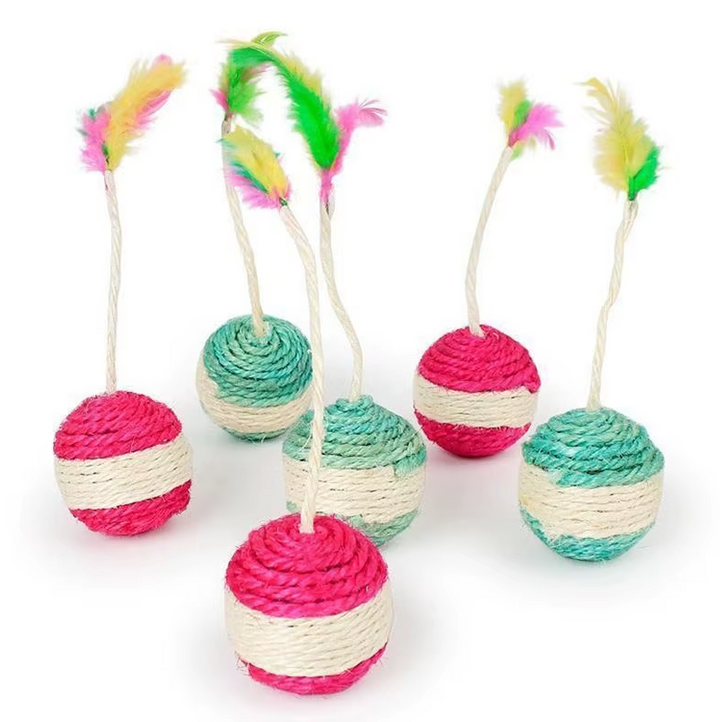 Interactive cat toy ball with natural feather & sisal rope for stimulating feline playtime & enrichment.