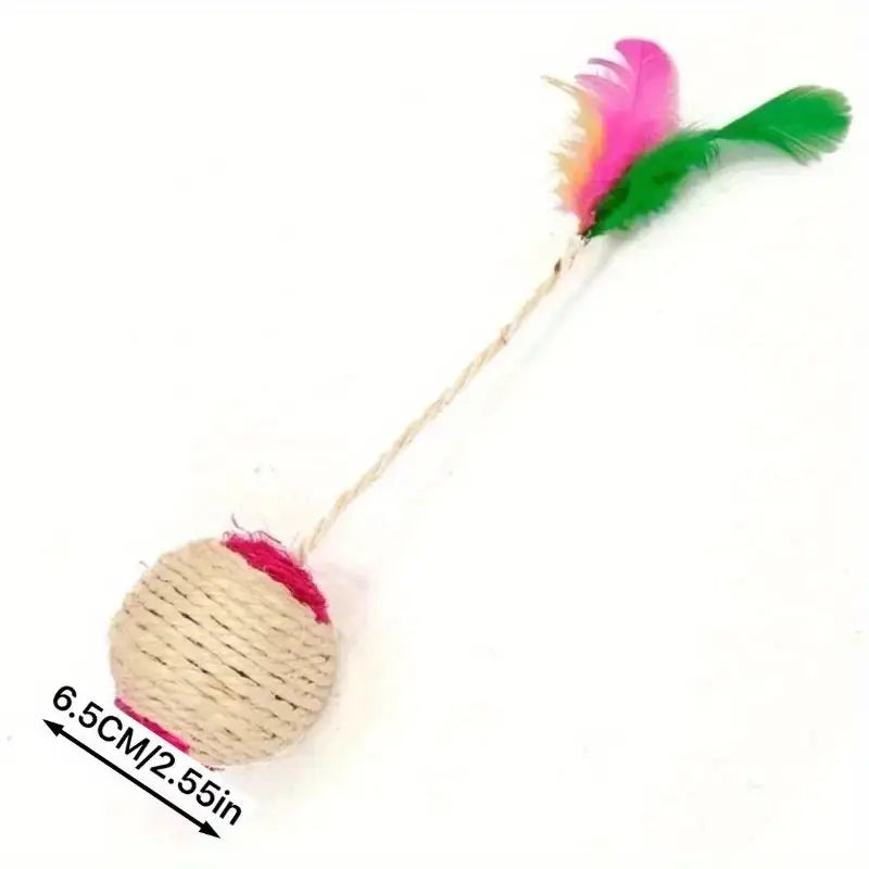 Durable sisal rope cat toy ball with feather, promoting healthy scratching & interactive play for active cats.
