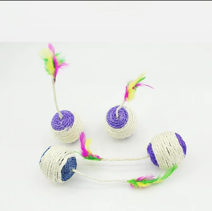 Fun interactive cat ball with real feathers & sisal, providing endless playtime & enrichment for playful felines.