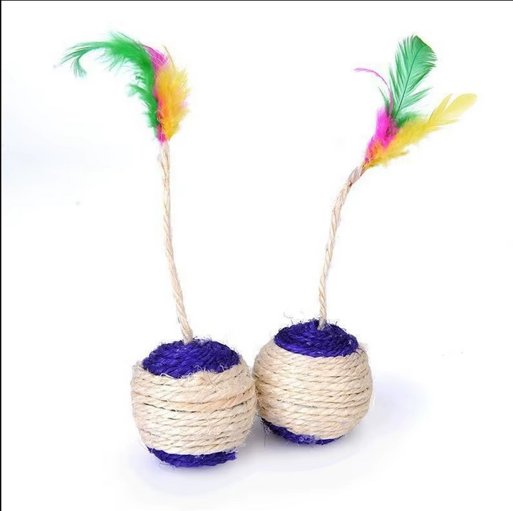 Multi-textured cat toy ball: sisal rope for scratching, soft feathers for batting, ensuring enriching play.