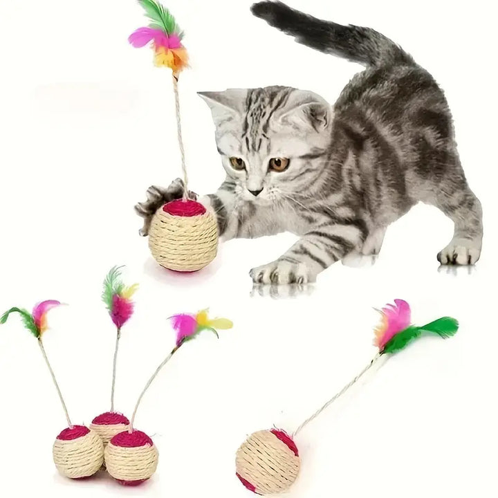 Premium interactive cat toy ball with feather & sisal rope, designed for pet enrichment, exercise & happy felines.