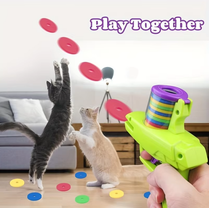 Interactive cat toy disc gun for active feline fun & exercise. Launches discs for pet play & boredom busting.