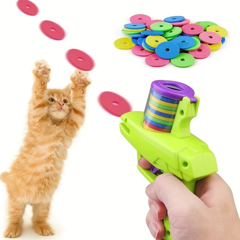 Boredom buster interactive cat toy disc gun for active cats. Promotes exercise & stimulating feline play.