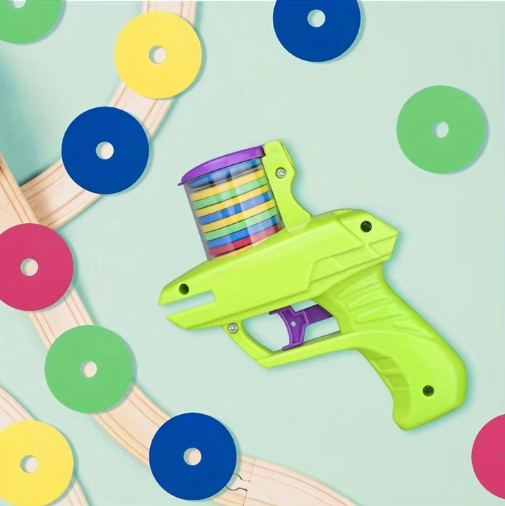 Vibrant interactive cat toy disc gun with mini launcher. Perfect for kitten play & active feline exercise.