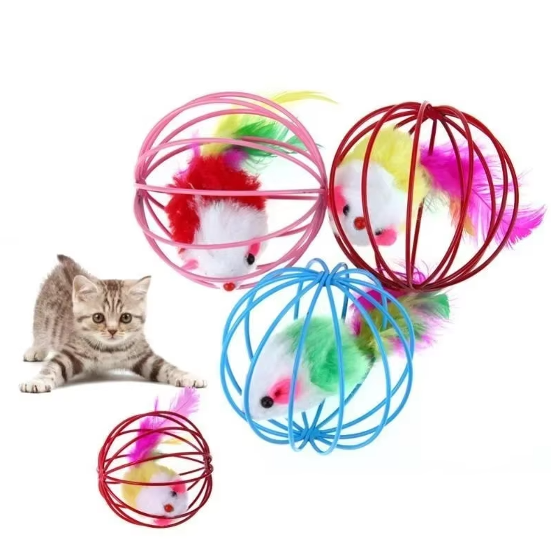 Interactive cat toy featuring a mouse in a cage with a playful feather tail for pet play.