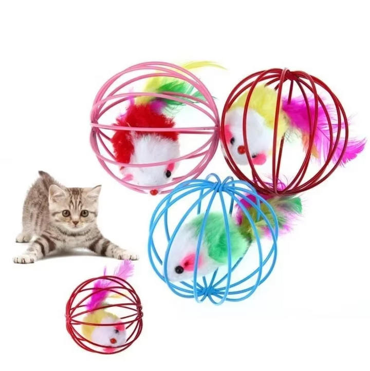 Interactive cat toy featuring a mouse in a cage with a playful feather tail for pet play.