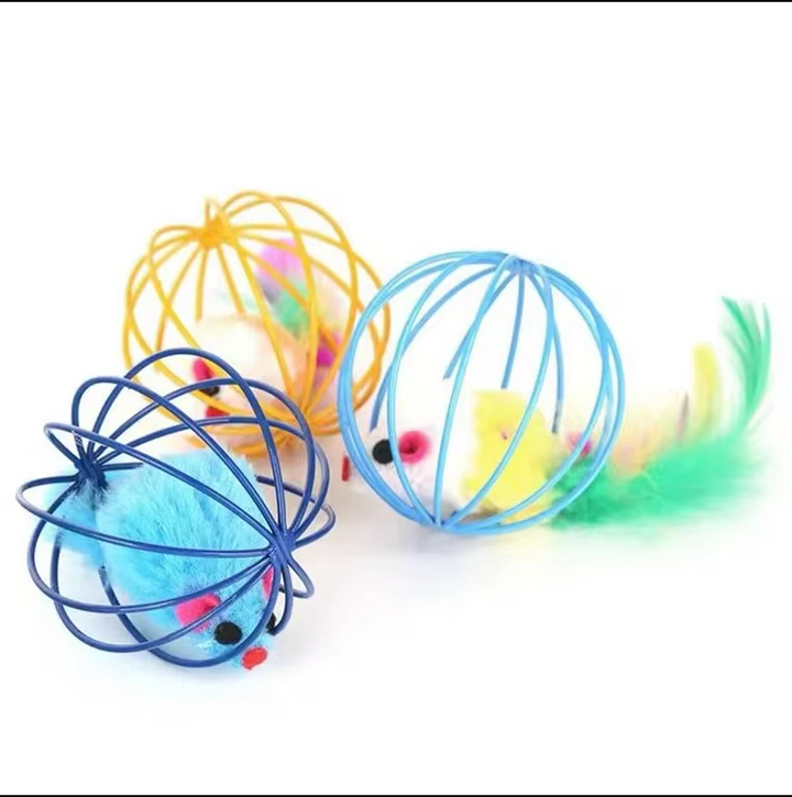 Enhancing hunting instinct: durable mouse in cage cat toy with a natural feather tail for enrichment.
