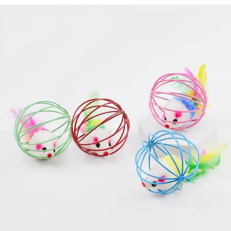 Feathered mouse interactive cat toy for mental stimulation and physical activity, caged for durability.