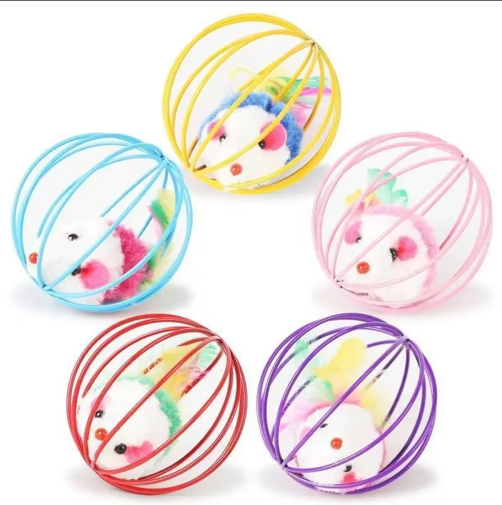 Captivating interactive cat toy: a mouse figurine in a cage, accented with a flowing feather tail.