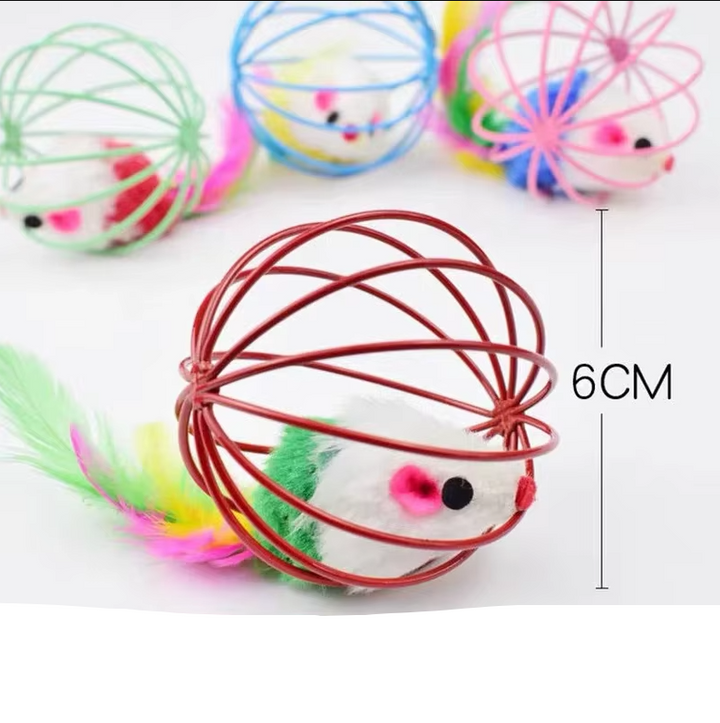 Fun and durable interactive cat toy mouse in a protective cage, featuring an enticing feather tail for play.