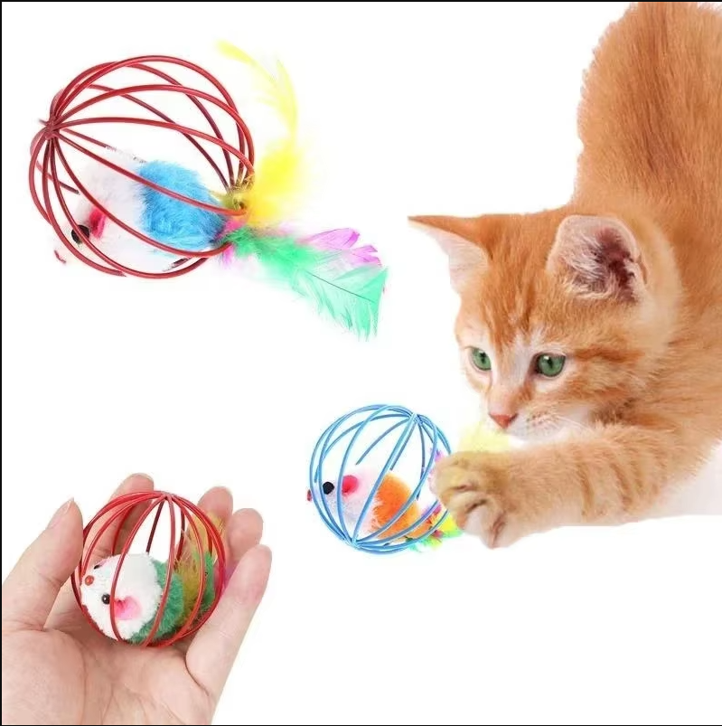 Engaging interactive cat toy, a mouse in a durable cage with a natural feather tail for indoor cats.