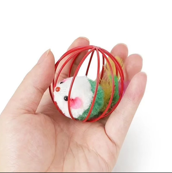 Durable cat toy mouse in a wire cage with an enticing feather tail, perfect for stimulating hunting instinct.