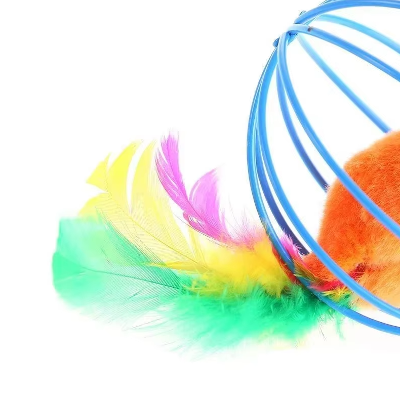 Feather tail mouse in cage interactive cat toy, promoting exercise and enrichment for playful pets.