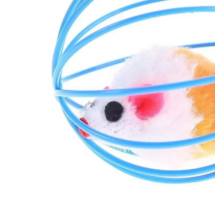 Close-up of interactive cat toy: a detailed mouse figure inside a cage with a soft feather tail.