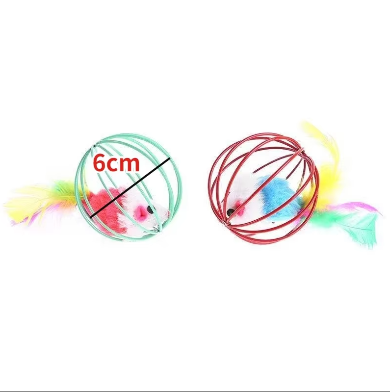 Premium interactive cat toy, a mouse in a sturdy cage with a long, vibrant feather tail for endless fun.