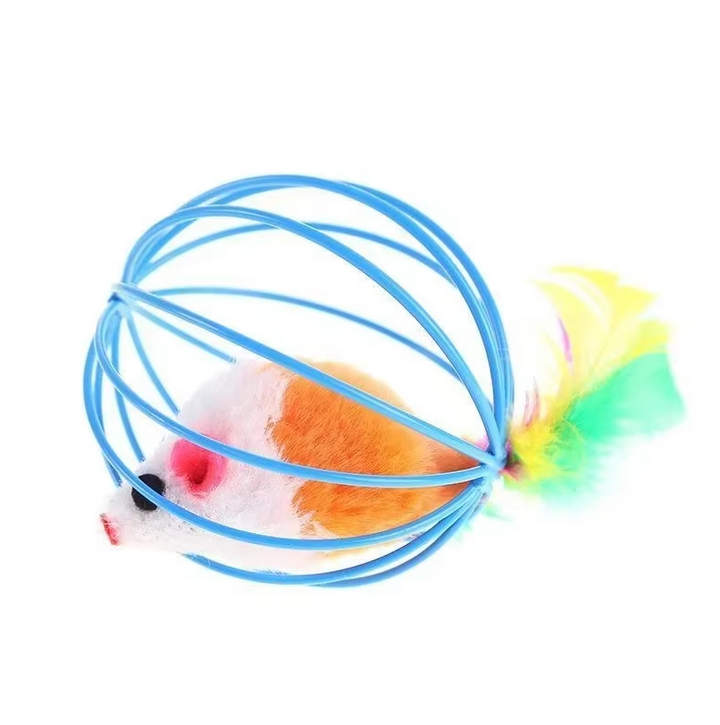 Stimulating pet play toy: interactive mouse in cage with a feather tail, ideal for indoor cat enrichment.