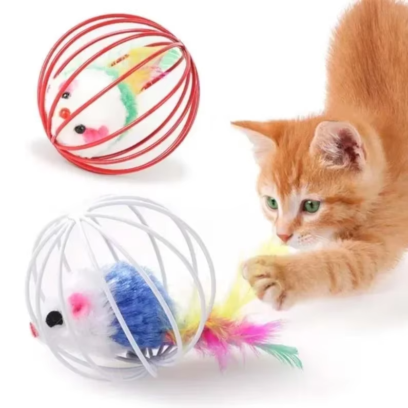Interactive cat exercise toy: a mouse with feather tail securely caged, designed for active indoor cats.