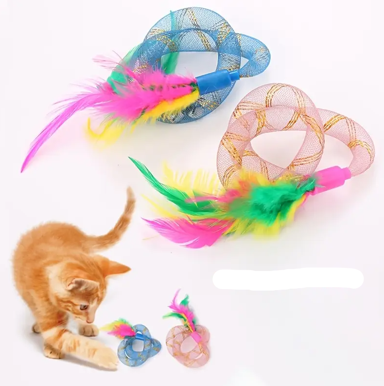 Interactive cat toy set with feathered shuttlecocks & colorful mesh rings for active pet play.