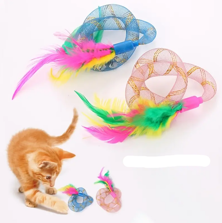 Interactive cat toy set with feathered shuttlecocks & colorful mesh rings for active pet play.
