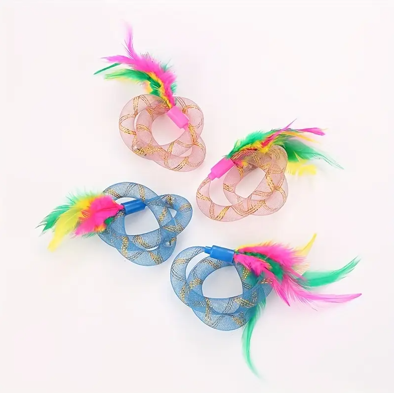 Multiple feathered shuttlecock & colorful mesh ring cat toys, great for interactive play and kitten exercise.