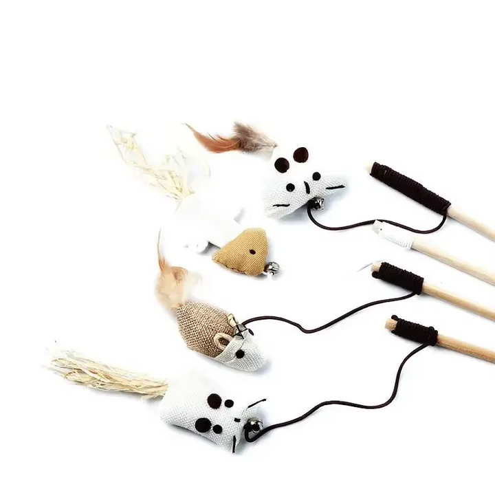 Interactive cat toy set with natural feathers & bells for active indoor cats.