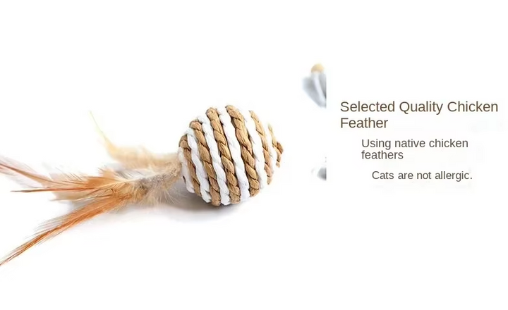 Natural material cat toy set, designed for interactive play with feathers & bells.