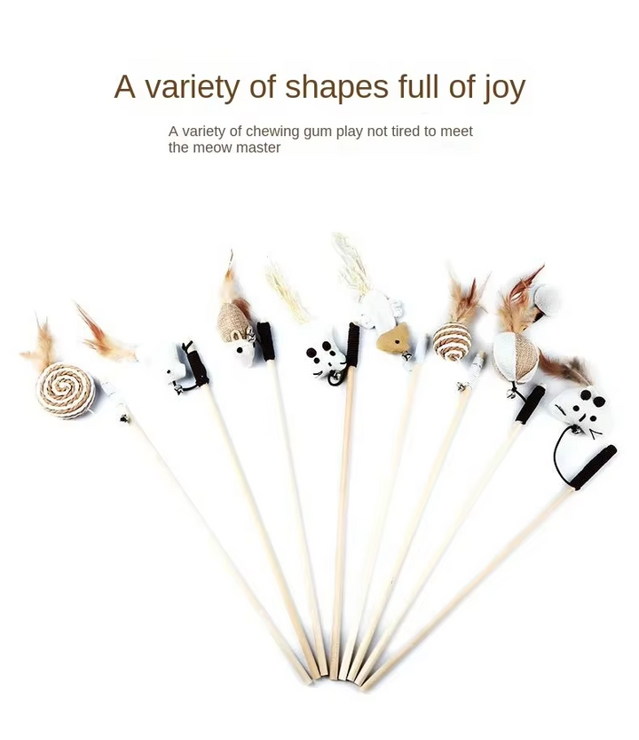 Natural feather cat toy assortment to stimulate hunting instincts.