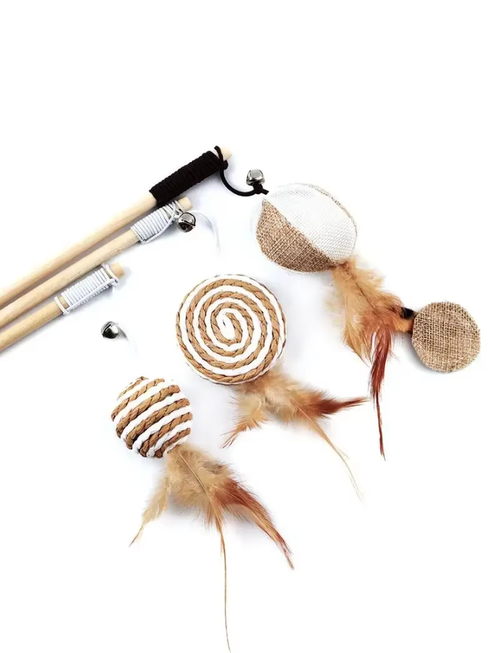Multi-piece interactive cat toy set, ideal for indoor cat enrichment.