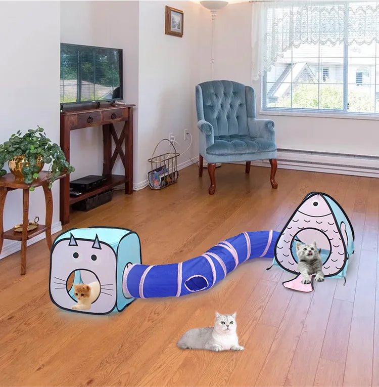 Interactive cat toy tunnel with a cozy house and play cave for ultimate pet enrichment and feline fun.