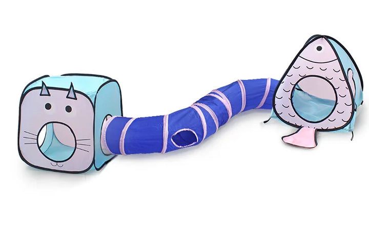 Grey cat tunnel with built-in house and play cave, designed for engaging interactive play and curious cats.