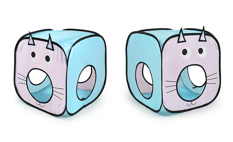 Durable cat house and play tunnel combo, an interactive pet accessory for stimulating enrichment and entertainment.