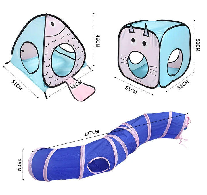 Versatile cat toy featuring a long tunnel, inviting house, and exciting play cave for feline adventure.